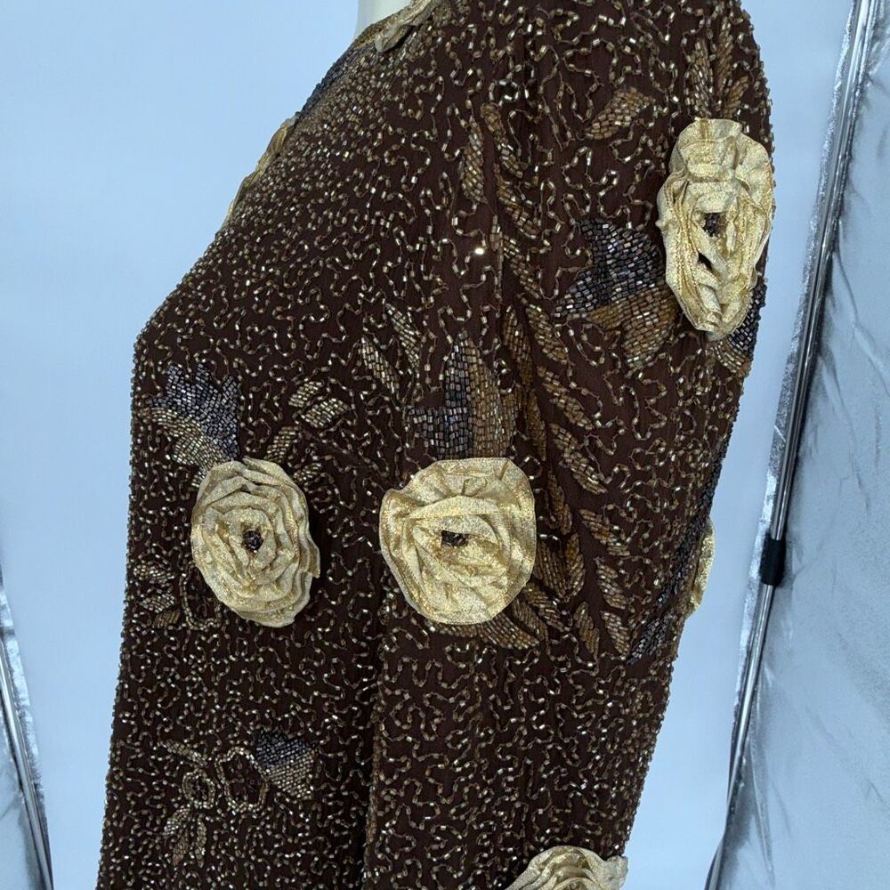 Vintage Joan Leslie Studio Silk Beaded Floral Top Saks Fifth Avenue 2X Brown Gol - Picture 9 of 15